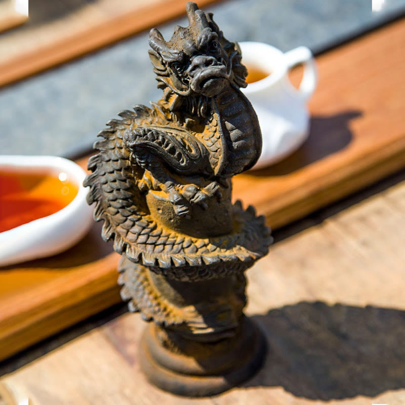 Buddha Stones, handgefertigt, fliegender Drache um die Säule, Eisenpulver, Rostguss, Harzstatue, Heimdekoration