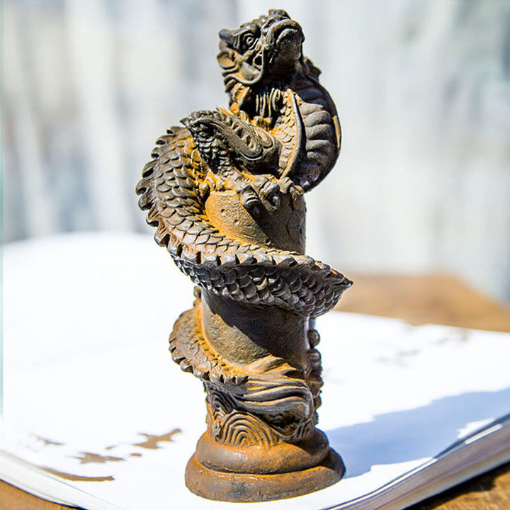 Buddha Stones, handgefertigt, fliegender Drache um die Säule, Eisenpulver, Rostguss, Harzstatue, Heimdekoration - image 8