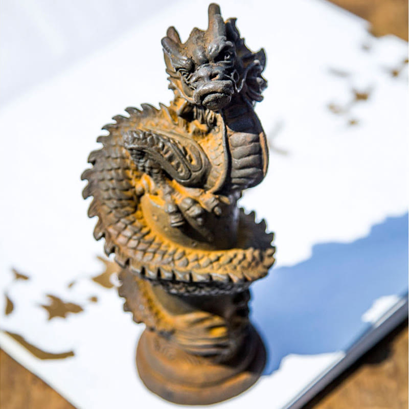 Buddha Stones, handgefertigt, fliegender Drache um die Säule, Eisenpulver, Rostguss, Harzstatue, Heimdekoration - image 4