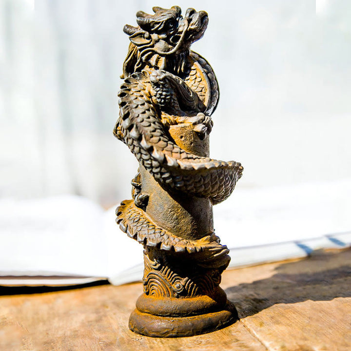 Buddha Stones, handgefertigt, fliegender Drache um die Säule, Eisenpulver, Rostguss, Harzstatue, Heimdekoration - image 2