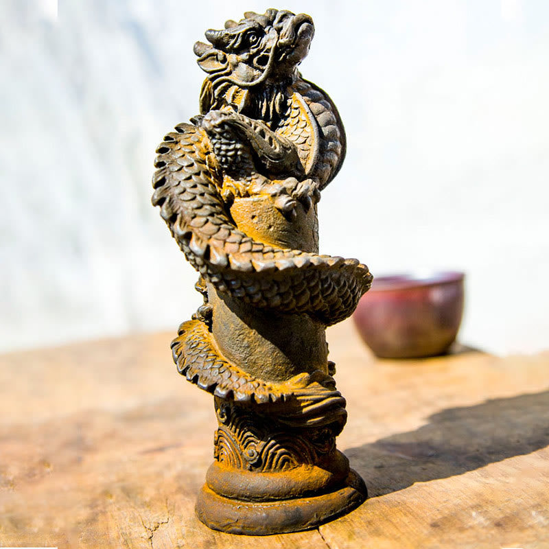 Buddha Stones, handgefertigt, fliegender Drache um die Säule, Eisenpulver, Rostguss, Harzstatue, Heimdekoration - image 1