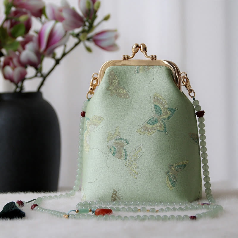 Buddha Stones ​​Retro Chinesische Stickerei Perle Kette Umhängetasche Schultertasche - Hellgrüner Schmetterling 14*6*18cm - image 3