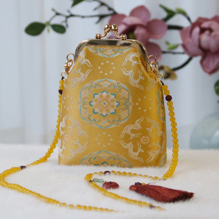 Buddha Stones ​​Retro Chinesische Stickerei Perle Kette Umhängetasche Schultertasche - Goldene Hirschblume 14*6*18cm - image 9