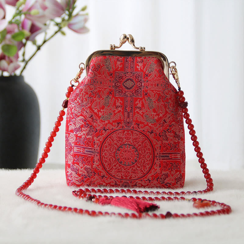 Buddha Stones ​​Retro Chinesische Stickerei Perle Kette Umhängetasche Schultertasche - Rote Blumenstickerei 14*6*18cm - image 11