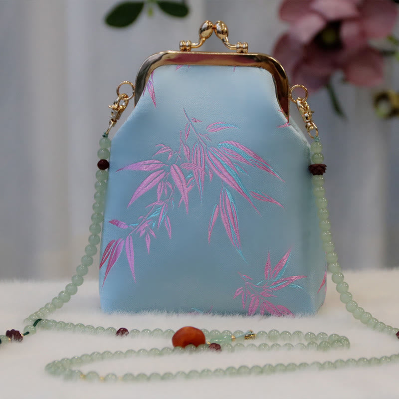 Buddha Stones ​​Retro Chinesische Stickerei Perle Kette Umhängetasche Schultertasche - Hellhimmelblaue Bambusblätter 14*6*18cm - image 10