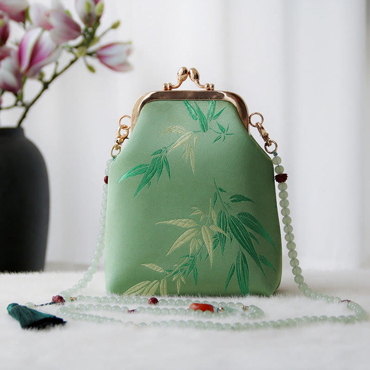 Buddha Stones ​​Retro Chinesische Stickerei Perle Kette Umhängetasche Schultertasche - Frühlingsgrüne Bambusblätter 14*6*18cm - image 16