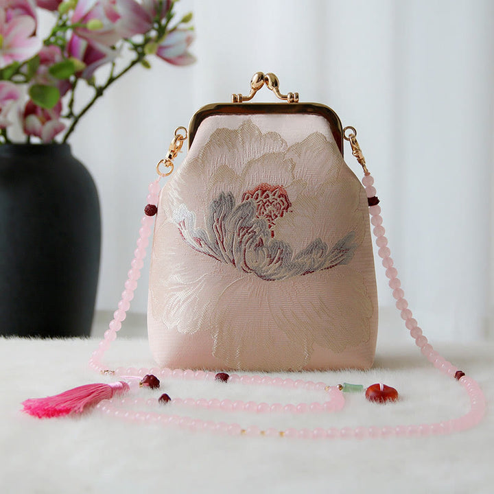 Buddha Stones ​​Retro Chinesische Stickerei Perle Kette Umhängetasche Schultertasche - Rosa Blume 14*6*18cm - image 12