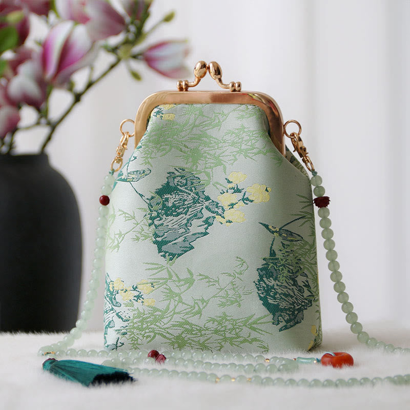 Buddha Stones ​​Retro Chinesische Stickerei Perle Kette Umhängetasche Schultertasche - Aquamarinblätter 14*6*18cm - image 17
