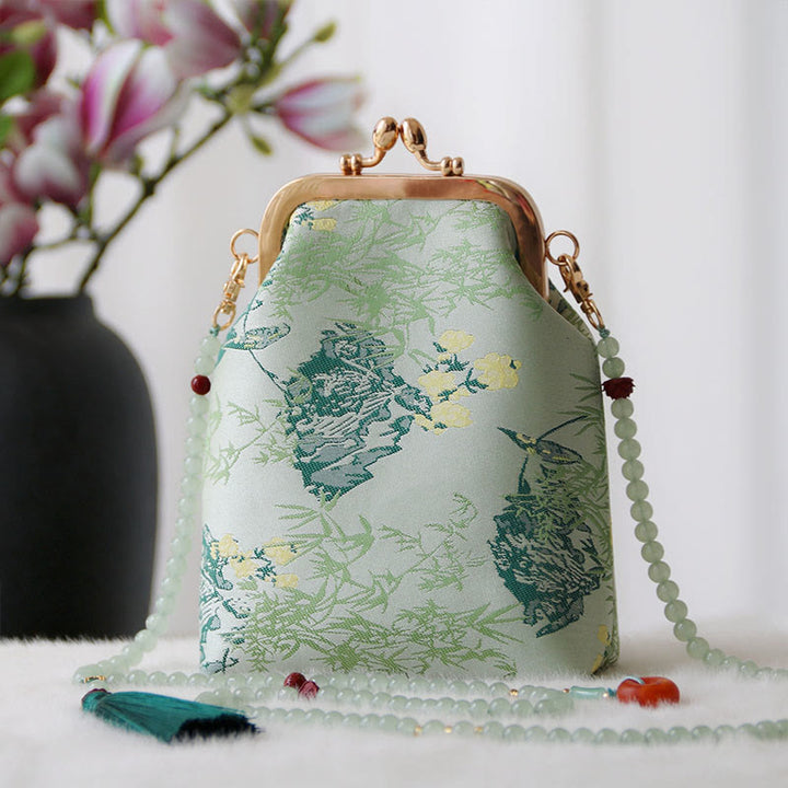 Buddha Stones ​​Retro Chinesische Stickerei Perle Kette Umhängetasche Schultertasche - Aquamarinblätter 14*6*18cm - image 17
