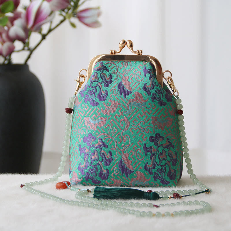 Buddha Stones ​​Retro Chinesische Stickerei Perle Kette Umhängetasche Schultertasche - MediumSpringGreen Blume 14*6*18cm - image 18