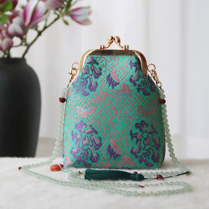 Buddha Stones ​​Retro Chinesische Stickerei Perle Kette Umhängetasche Schultertasche - MediumSpringGreen Blume 14*6*18cm - image 18