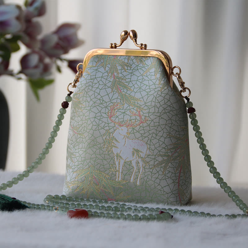 Buddha Stones ​​Retro Chinesische Stickerei Perle Kette Umhängetasche Schultertasche - DunkelMeergrüner Hirsch 14*6*18cm - image 22