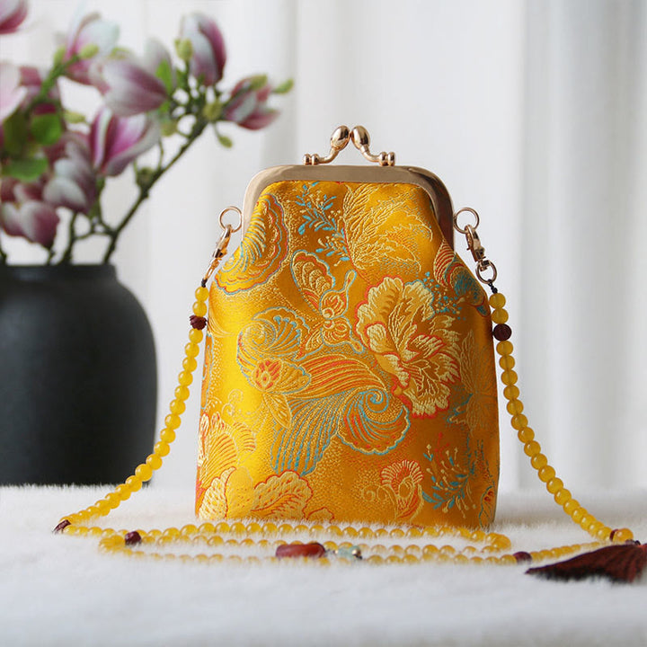 Buddha Stones ​​Retro Chinesische Stickerei Perle Kette Umhängetasche Schultertasche - Goldene Blume 14*6*18cm - image 21