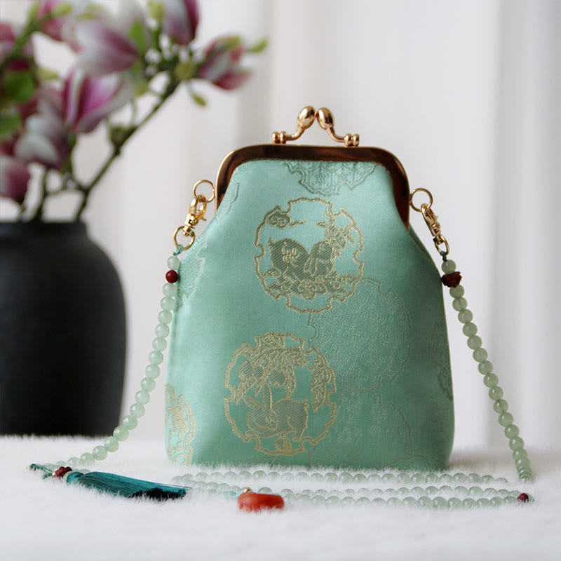 Buddha Stones ​​Retro Chinesische Stickerei Perle Kette Umhängetasche Schultertasche - MediumSpringGreen Kaninchen 14*6*18cm - image 20