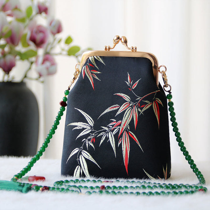 Buddha Stones ​​Retro Chinesische Stickerei Perle Kette Umhängetasche Schultertasche - Schwarze Bambusblätter 14*6*18cm - image 24