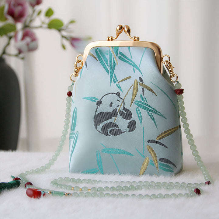 Buddha Stones ​​Retro Chinesische Stickerei Perle Kette Umhängetasche Schultertasche - Cyan Panda Bambus 14*6*18cm - image 23
