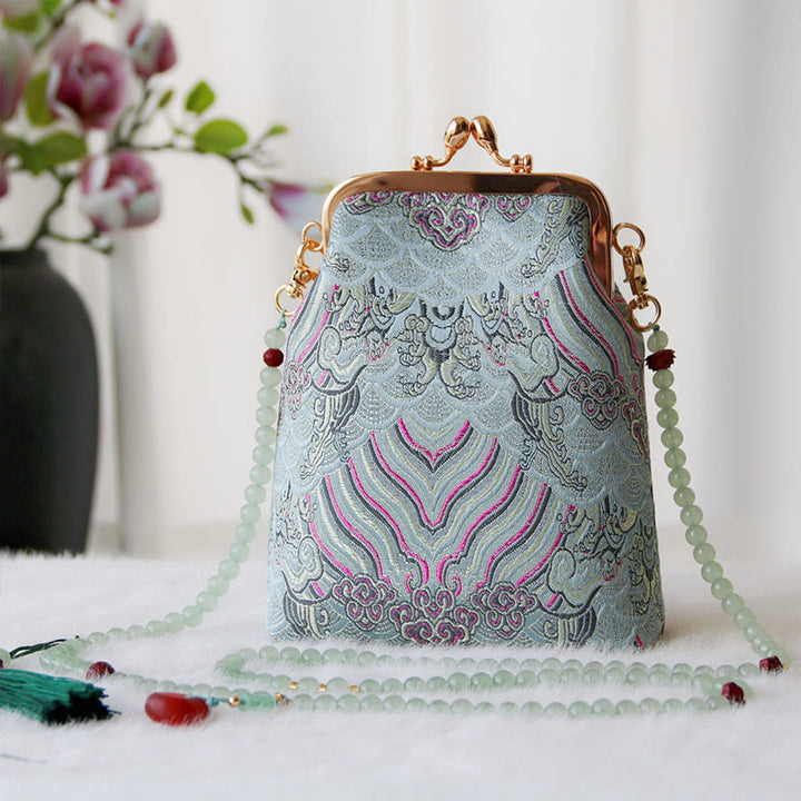 Buddha Stones ​​Retro Chinesische Stickerei Perle Kette Umhängetasche Schultertasche - Hellhimmelblaue Glückswolken 14*6*18cm - image 25