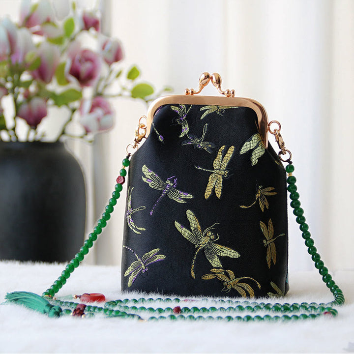 Buddha Stones ​​Retro Chinesische Stickerei Perle Kette Umhängetasche Schultertasche - Schwarze Libelle 14*6*18cm - image 26