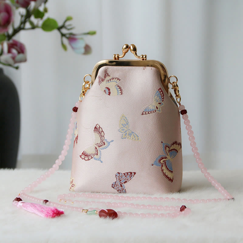 Buddha Stones ​​Retro Chinesische Stickerei Perle Kette Umhängetasche Schultertasche - Rosa Schmetterling 14*6*18cm - image 30