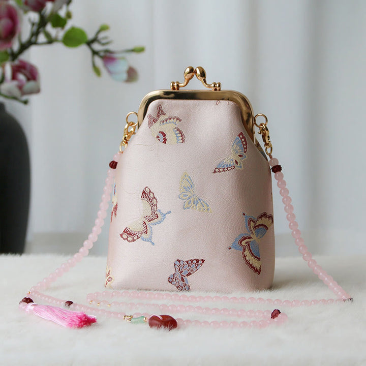 Buddha Stones ​​Retro Chinesische Stickerei Perle Kette Umhängetasche Schultertasche - Rosa Schmetterling 14*6*18cm - image 30