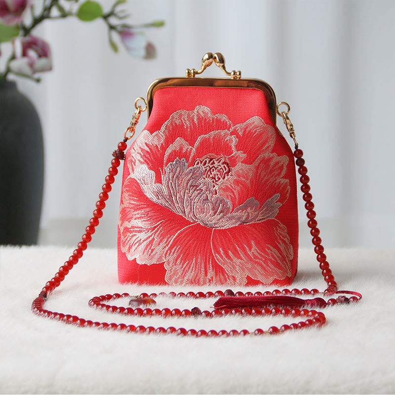 Buddha Stones ​​Retro Chinesische Stickerei Perle Kette Umhängetasche Schultertasche - Rote große Blume 14*6*18cm - image 29