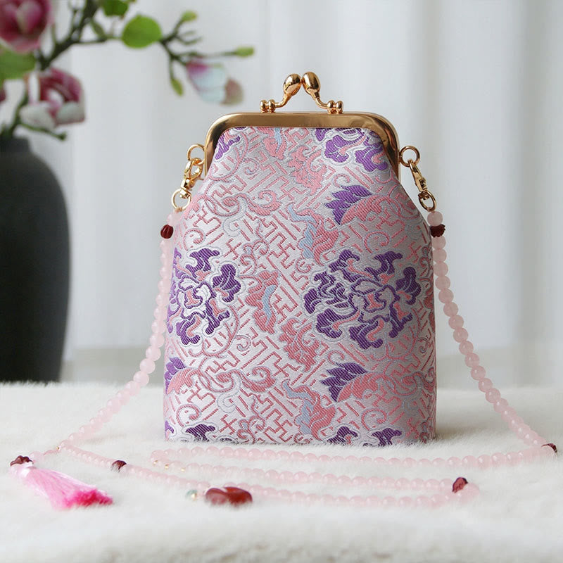 Buddha Stones ​​Retro Chinesische Stickerei Perle Kette Umhängetasche Schultertasche - Hellrosa Blume 14*6*18cm - image 31