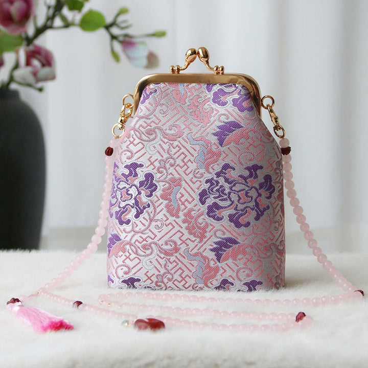 Buddha Stones ​​Retro Chinesische Stickerei Perle Kette Umhängetasche Schultertasche - Hellrosa Blume 14*6*18cm - image 31