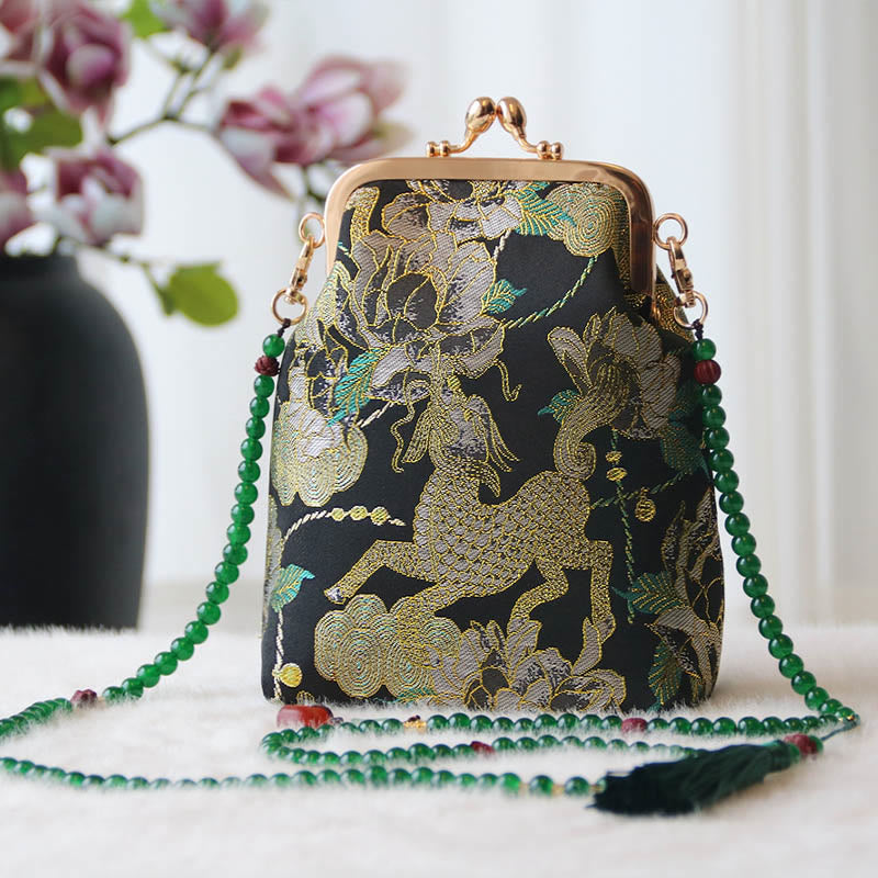 Buddha Stones ​​Retro Chinesische Stickerei Perle Kette Umhängetasche Schultertasche - Schwarze Kirin-Pfingstrose 14*6*18cm - image 35