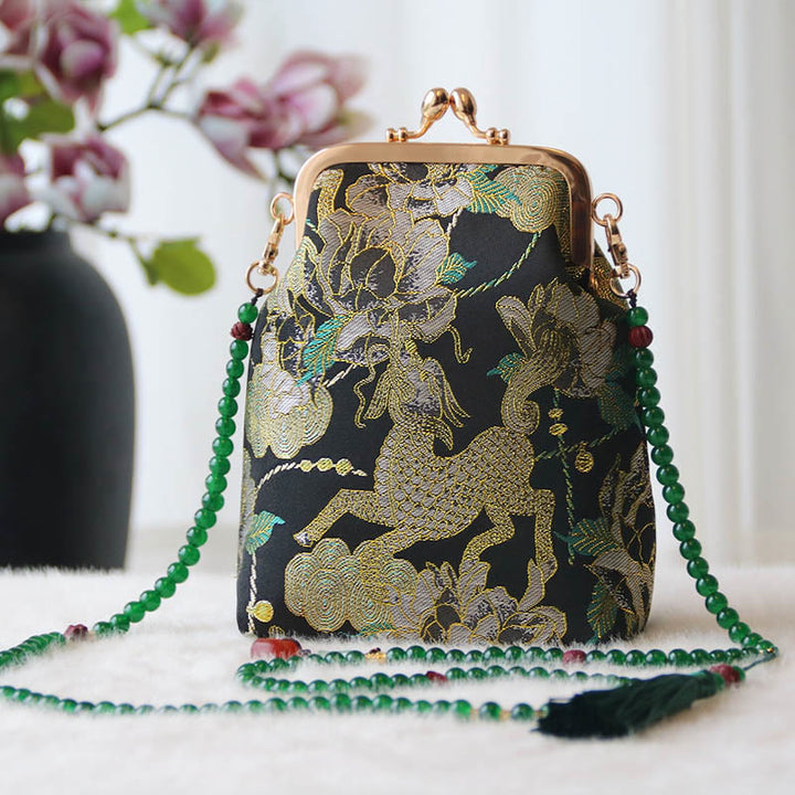 Buddha Stones ​​Retro Chinesische Stickerei Perle Kette Umhängetasche Schultertasche - Schwarze Kirin-Pfingstrose 14*6*18cm - image 35