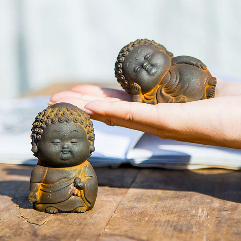 Buddha Stones, klein, stehend, liegend, sitzend, süßer Buddha, Eisenpulver, Rost, Gussharz, Statue, Heimdekoration