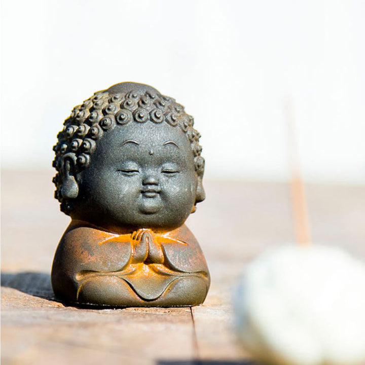 Buddha Stones, klein, stehend, liegend, sitzend, süßer Buddha, Eisenpulver, Rost, Gussharz, Statue, Heimdekoration