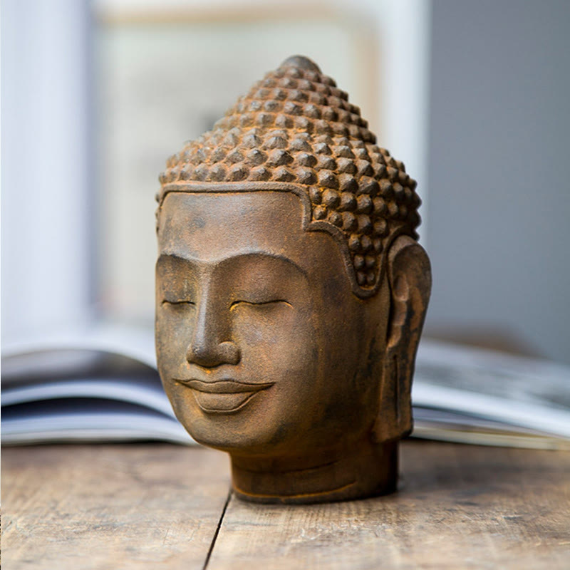 Buddha Stones, geschlossene Augen, Kontemplation, meditierend, Buddha-Kopf, Eisenpulver, Rostguss-Harz-Statue, Heimdekoration