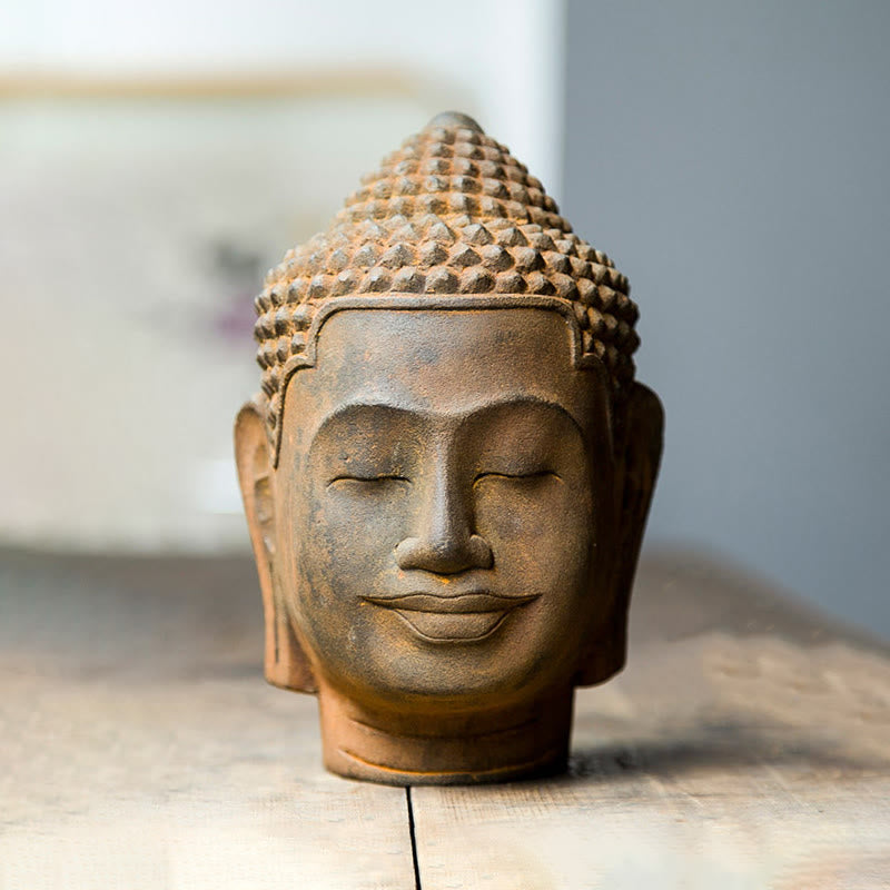 Buddha Stones, geschlossene Augen, Kontemplation, meditierend, Buddha-Kopf, Eisenpulver, Rostguss-Harz-Statue, Heimdekoration