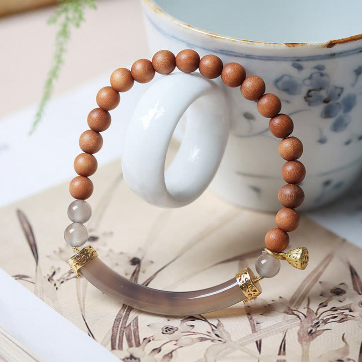 Buddha Stones Sandelholz Grau Achat Chalcedon Manschette Halb Armband Armreif