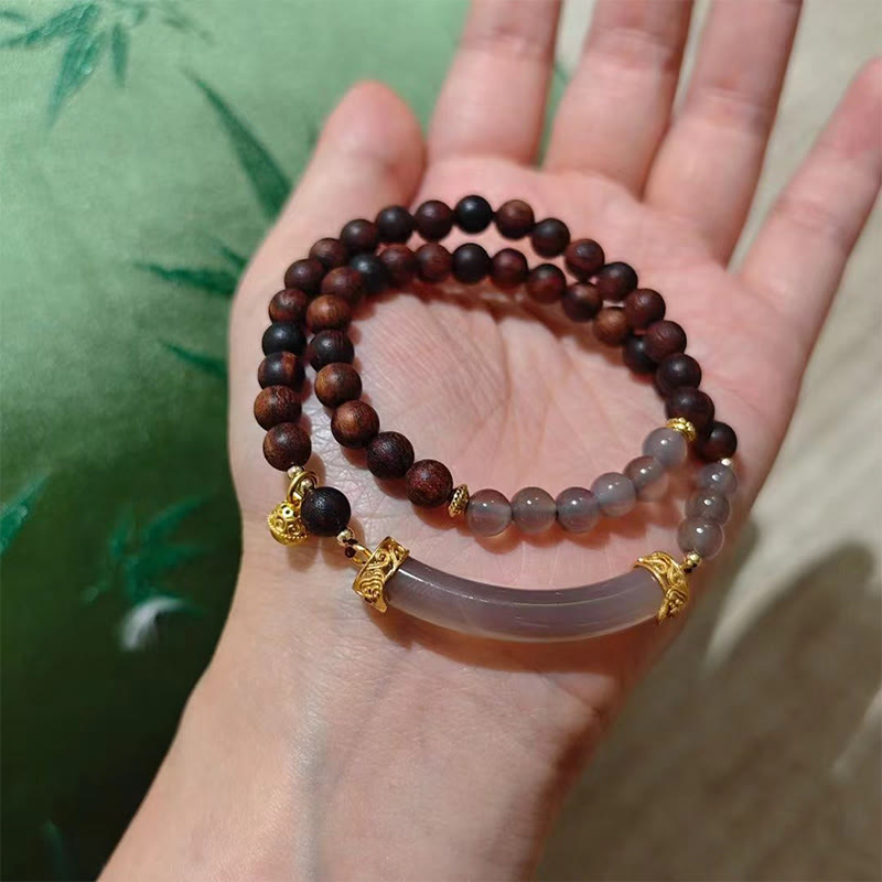 Buddha Stones ​​Sandelholz Grau Achat Chalcedon Manschette Halb Armband Armreif - Doppelwickelarmband aus grauem Achat und Sandelholz (Handgelenkumfang: 14-16 cm) - image 23