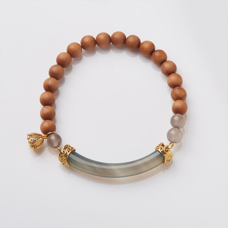 Buddha Stones Sandelholz Grau Achat Chalcedon Manschette Halb Armband Armreif