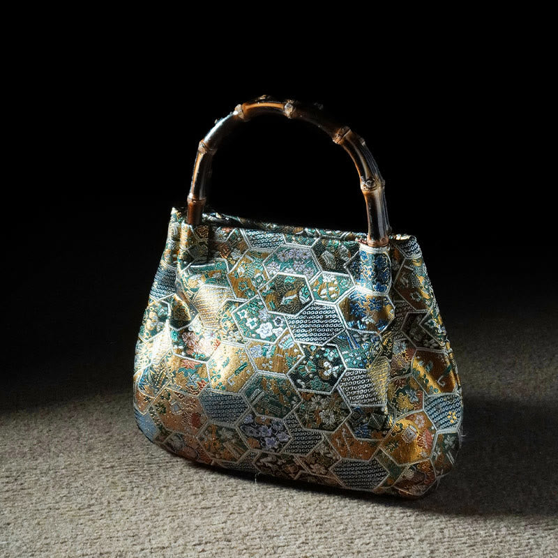Buddha Stones, Jacquard-Blumen, Schmetterling, Bambus-Griff, Metallkette, Umhängetasche - Mitteltürkisfarbener Jacquard-Teppich, 23,5 x 11 x 17 cm - image 13