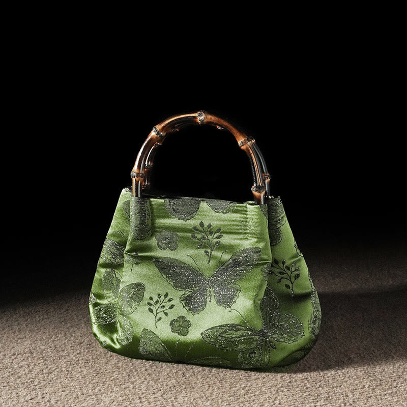 Buddha Stones, Jacquard-Blumen, Schmetterling, Bambus-Griff, Metallkette, Umhängetasche - Waldgrüne Schmetterlingsblume 23,5 x 11 x 17 cm - image 0