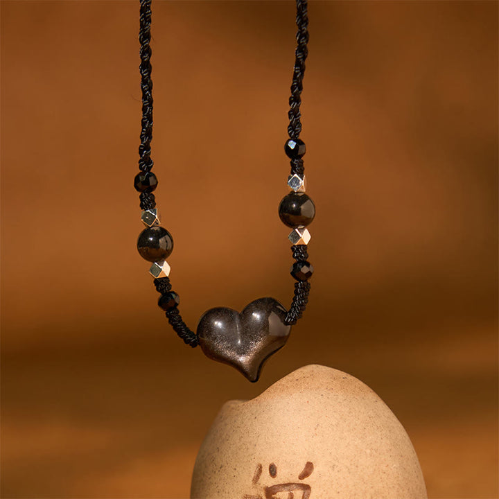 Buddha Stones Halskette mit Anhänger aus natürlichem Silberglanz-Obsidian mit Herz-Schutz