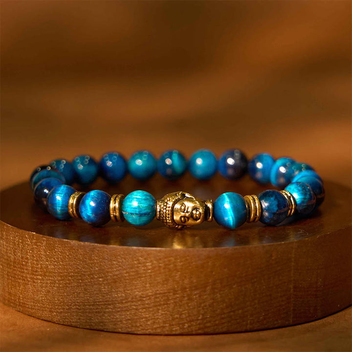 Buddha Stones, blau, grün, rot, Tigerauge, Buddha-Kopf, Balance-Armband