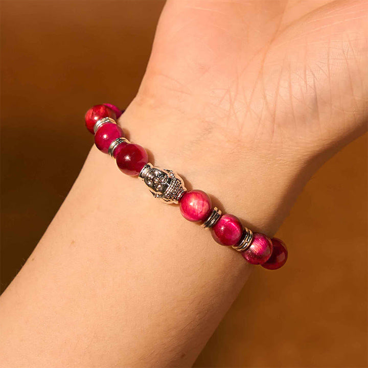 Buddha Stones, blau, grün, rot, Tigerauge, Buddha-Kopf, Balance-Armband