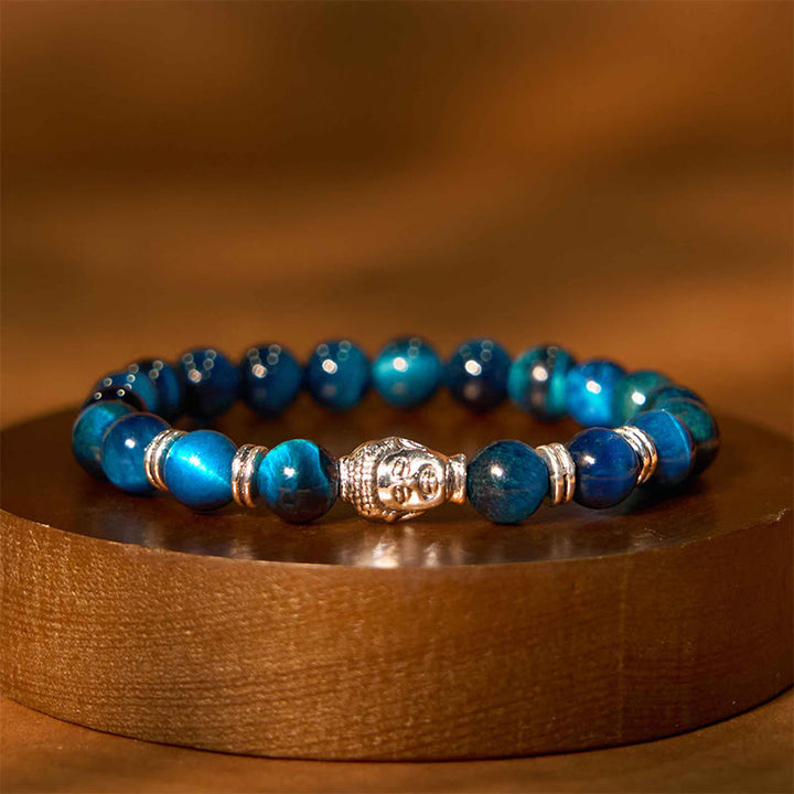 Buddha Stones, blau, grün, rot, Tigerauge, Buddha-Kopf, Balance-Armband