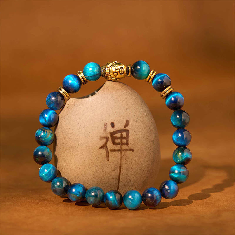 Buddha Stones, blau, grün, rot, Tigerauge, Buddha-Kopf, Balance-Armband