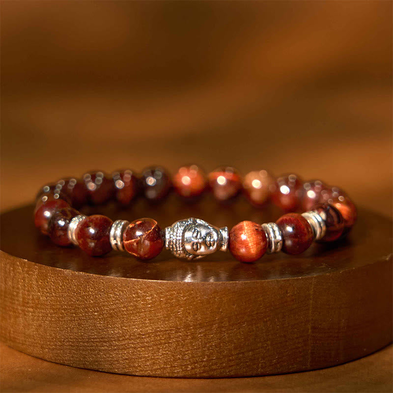 Buddha Stones, blau, grün, rot, Tigerauge, Buddha-Kopf, Balance-Armband