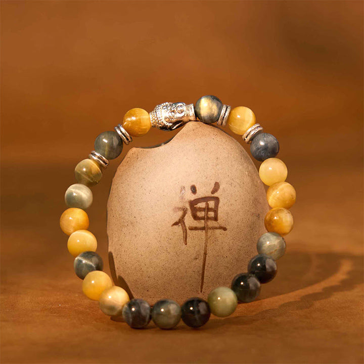 Buddha Stones, blau, grün, rot, Tigerauge, Buddha-Kopf, Balance-Armband