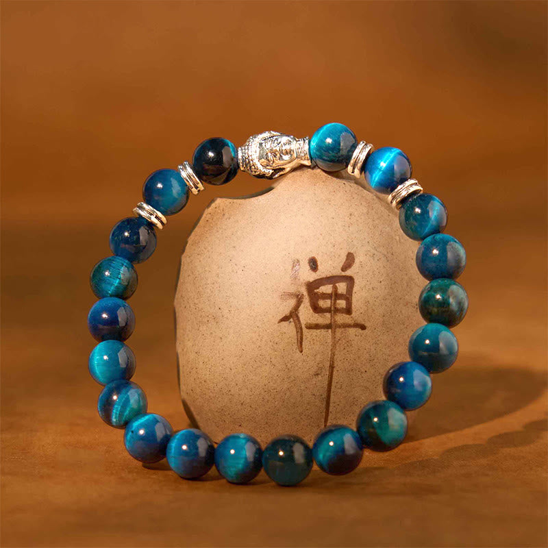 Buddha Stones, blau, grün, rot, Tigerauge, Buddha-Kopf, Balance-Armband