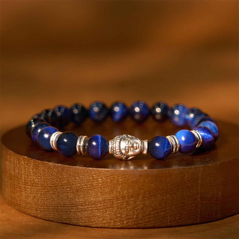 Buddha Stones, blau, grün, rot, Tigerauge, Buddha-Kopf, Balance-Armband