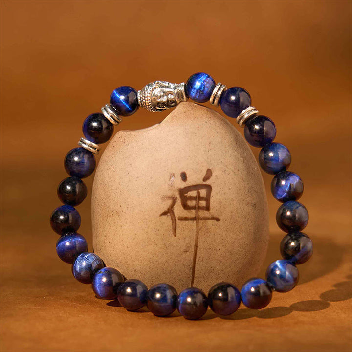 Buddha Stones, blau, grün, rot, Tigerauge, Buddha-Kopf, Balance-Armband