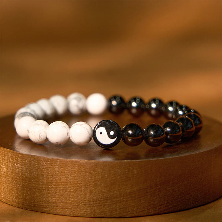 Buddha Stones Armband aus natürlichem Obsidian, Weiß und Türkis, Yinyang, Tai Chi, Stärke