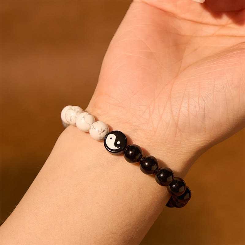 Buddha Stones Armband aus natürlichem Obsidian, Weiß und Türkis, Yinyang, Tai Chi, Stärke